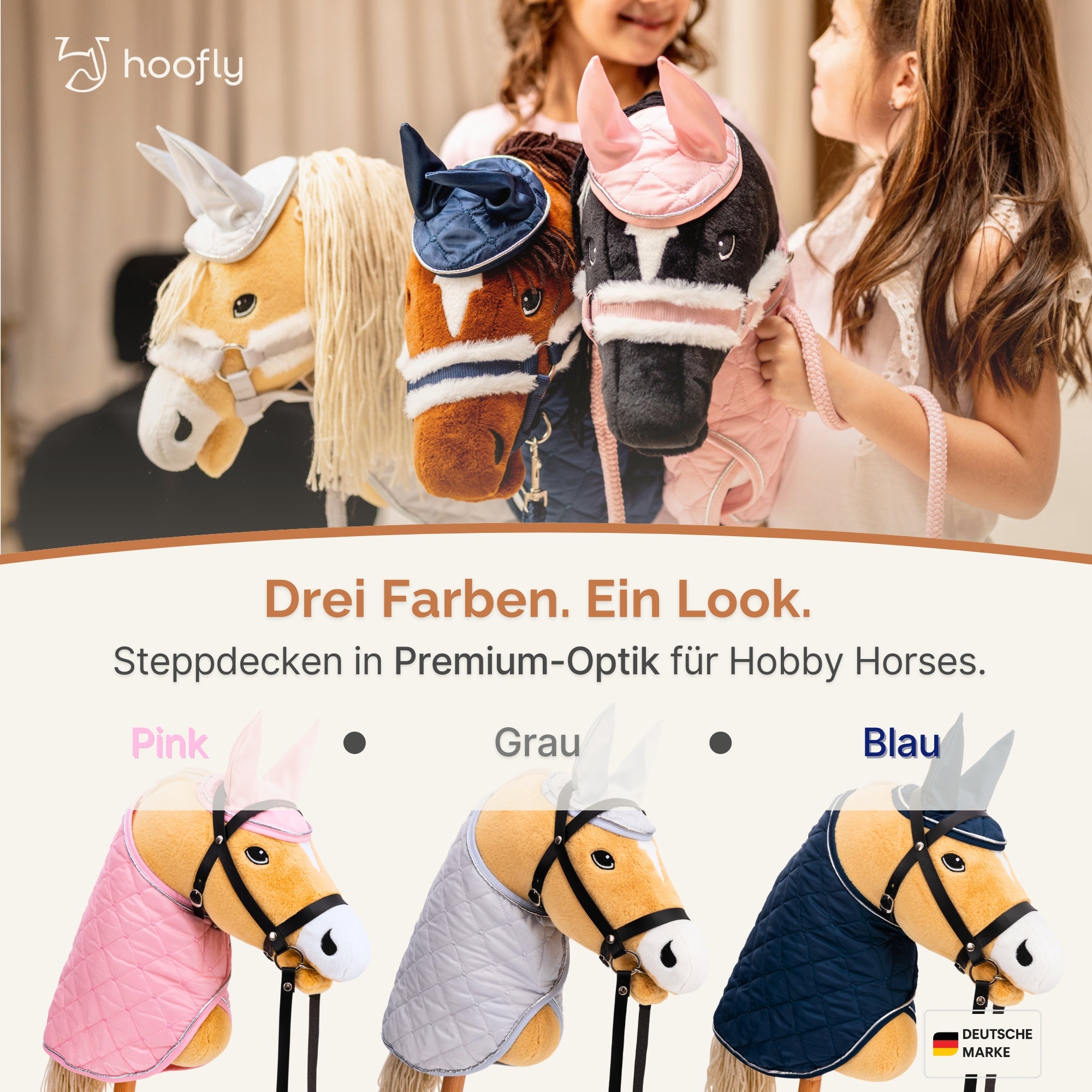 Hoofly Zubehör Set - Halfter mit Strick, Decke & Fliegenhaube in Pink, Grau, Blau [TÜV geprüft]