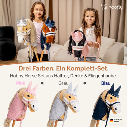 Hoofly Zubehör Set - Halfter mit Strick, Decke & Fliegenhaube in Pink, Grau, Blau [TÜV geprüft]