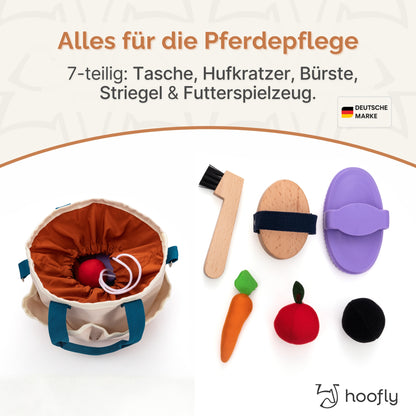 Hoofly – Pflegeset für Kinder mit Tasche, Bürste, Striegel & Hufkratzer [TÜV geprüft]