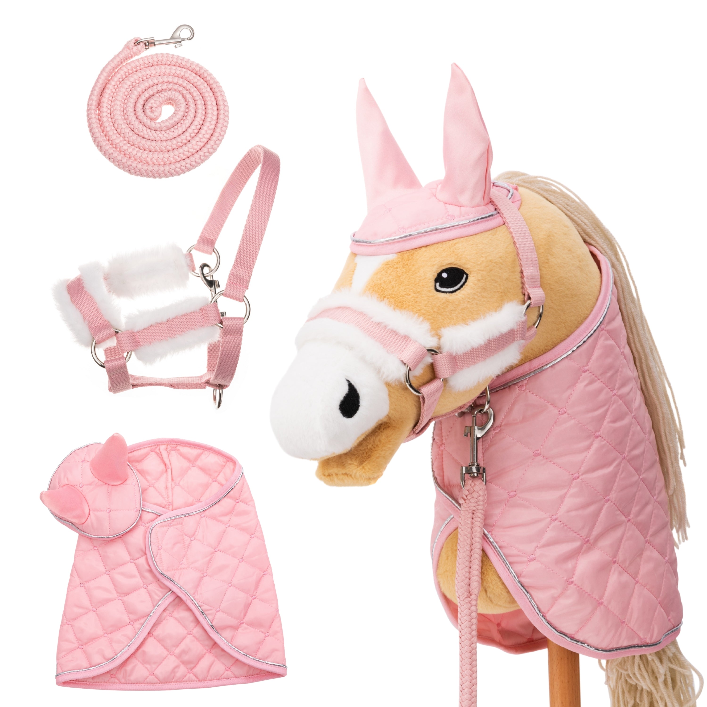 Hoofly Zubehör Set - Halfter mit Strick, Decke & Fliegenhaube in Pink, Grau, Blau [TÜV geprüft]